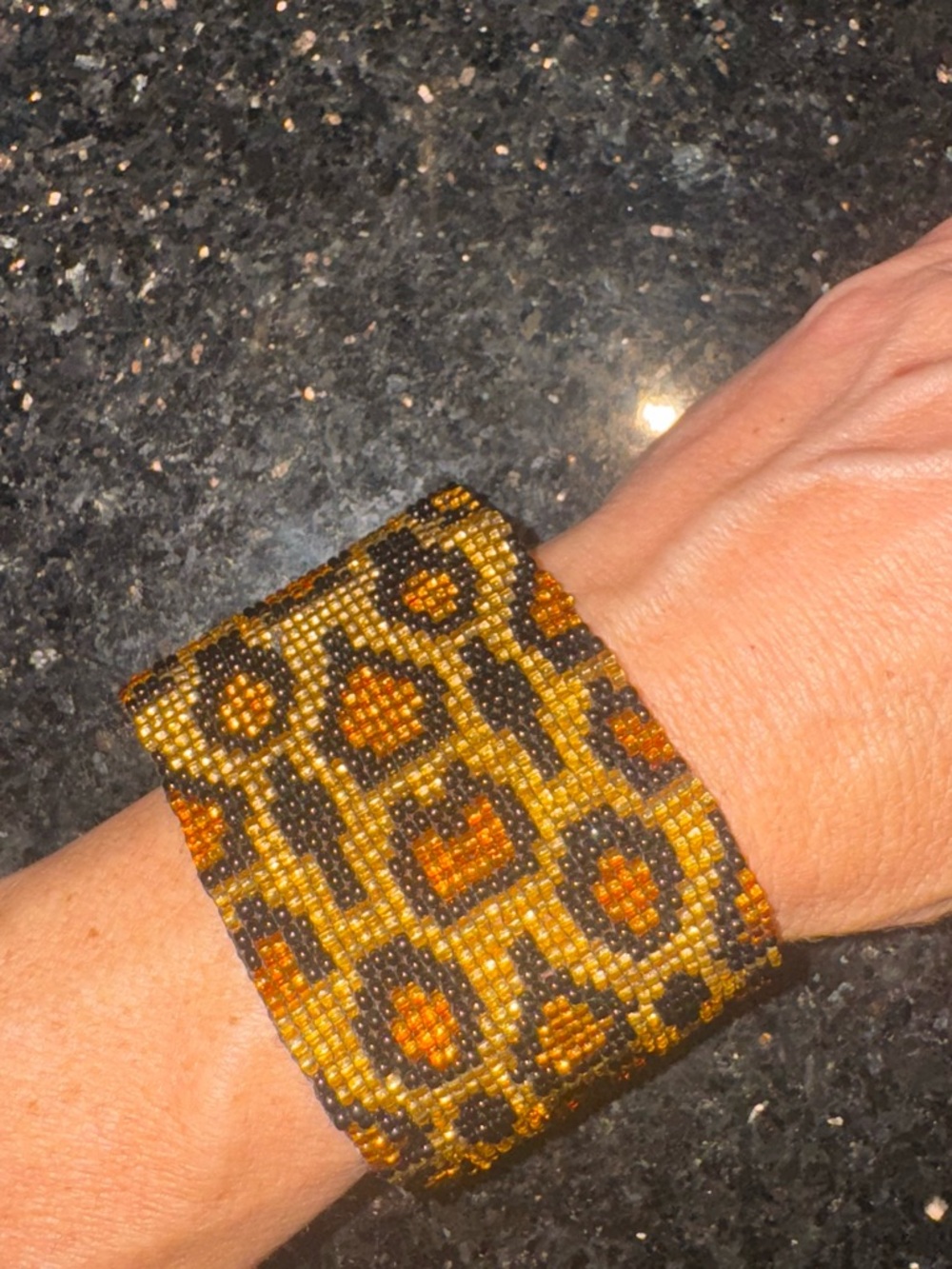 Beaded Leopard Print Cuff Bracelet in Gold & Brown